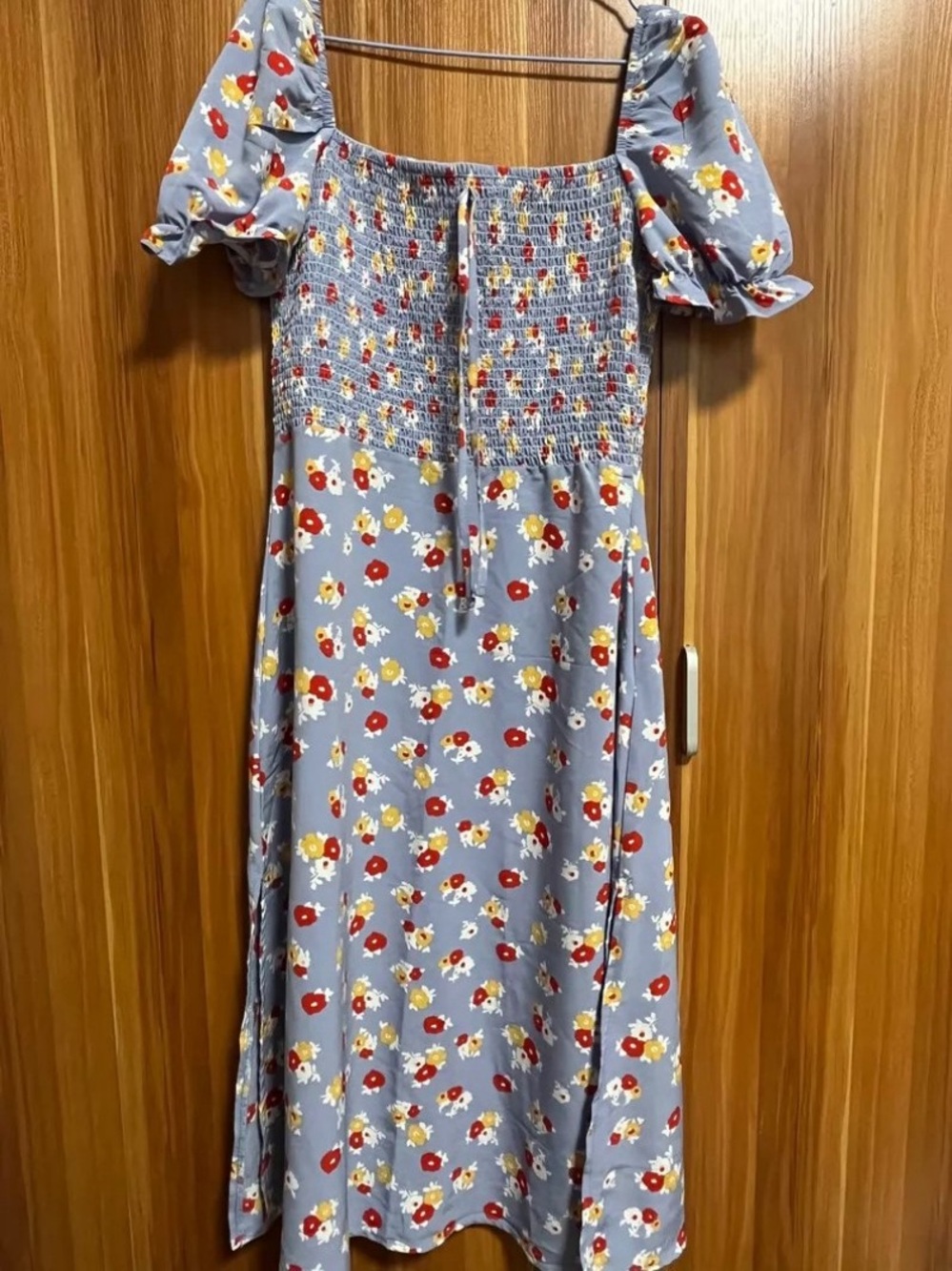 Blue Floral Smocked Midi Dress with Puff Sleeves